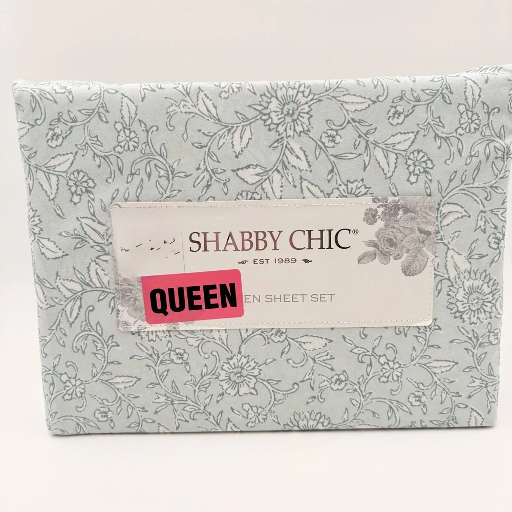 Shabby Chic Queen Sheet Set Light‎ Blue White Floral Toile 4pc Microfiber NEW